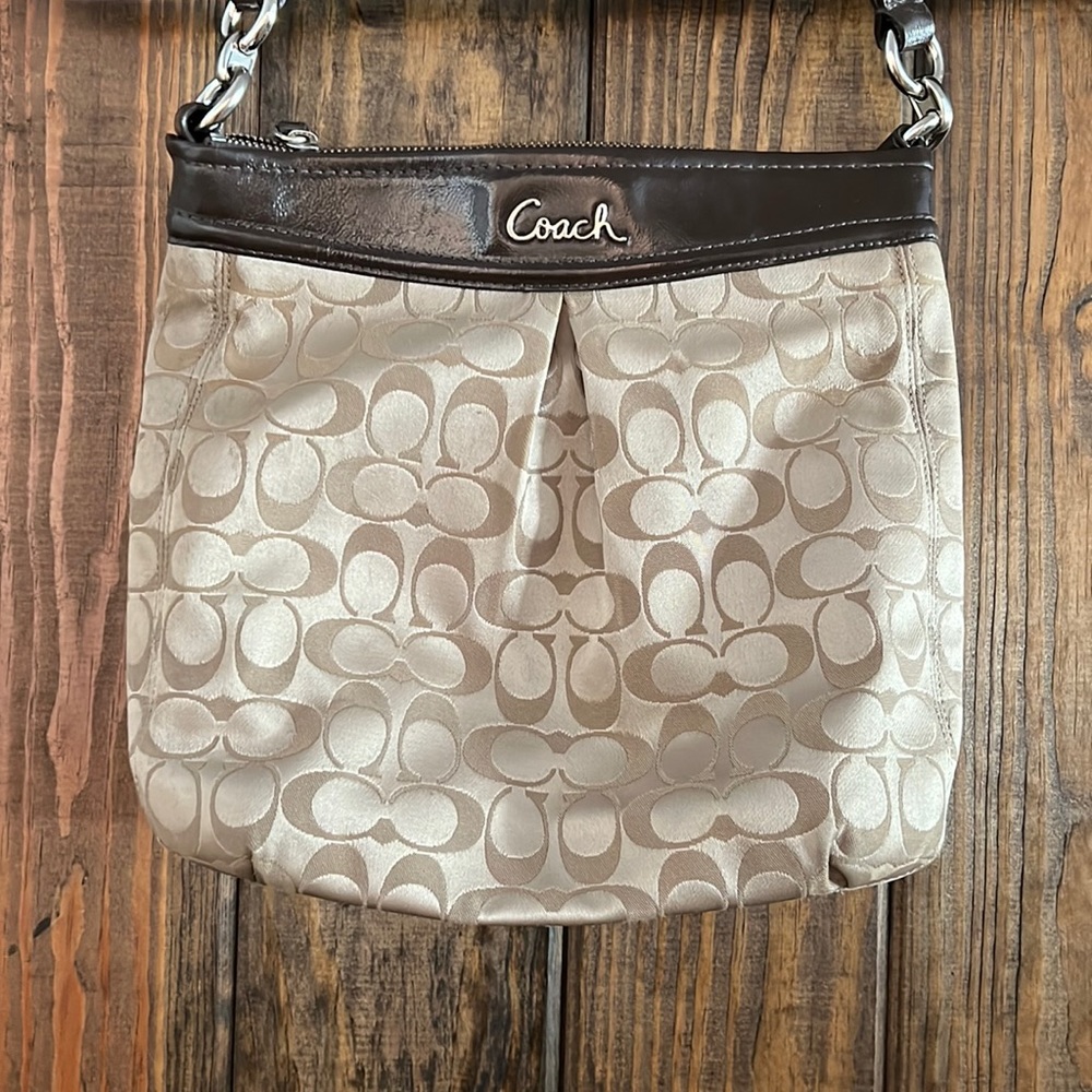 Coach Signiture Tan/Brown Crossbody Bag 10” width, 11” height